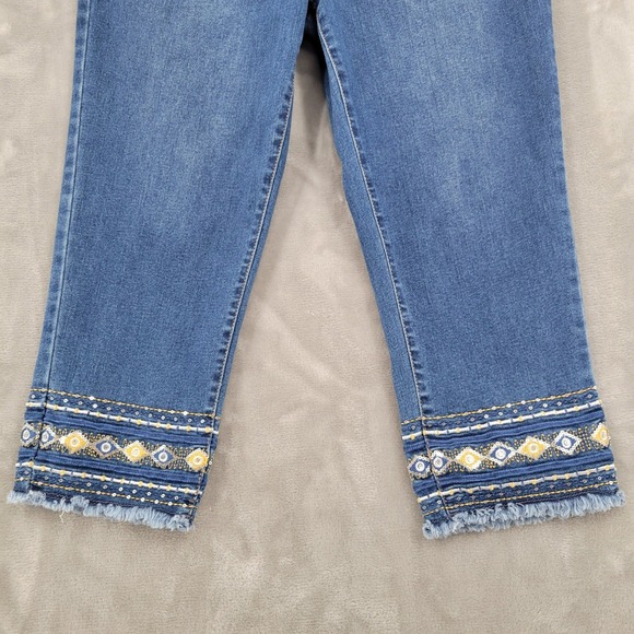 Avenue Cropped Jeans Womens 14 Blue Embroidered Beaded Frayed Hem Boho 32x20 - Picture 4 of 12